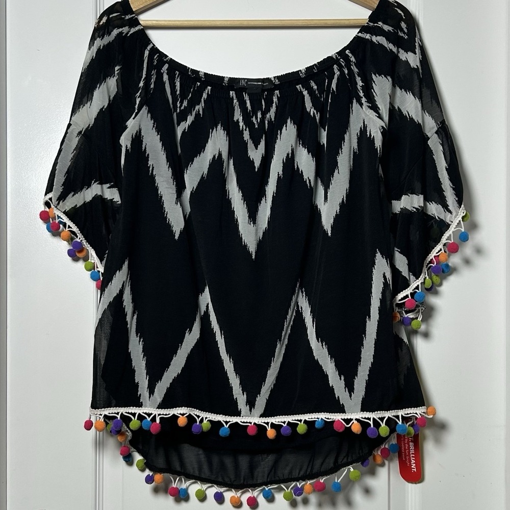INC International Concepts x Popsicle Collab Black White Rainbow Pompom Trim Top